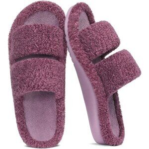 Women's Purple Fuzzy House Slippers with Moderate Arch Support Open Toe Cozy